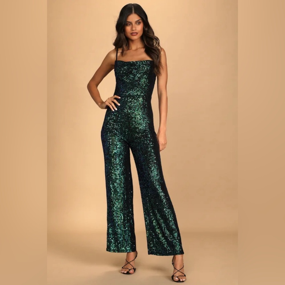 NWT Lulu’s Green Iridescent Sequin Wide-Leg Jumpsuit, size Large